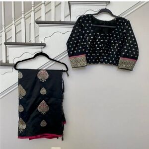 Black Silk Saree with Gold Motifs and pink Border with blouse crop top new